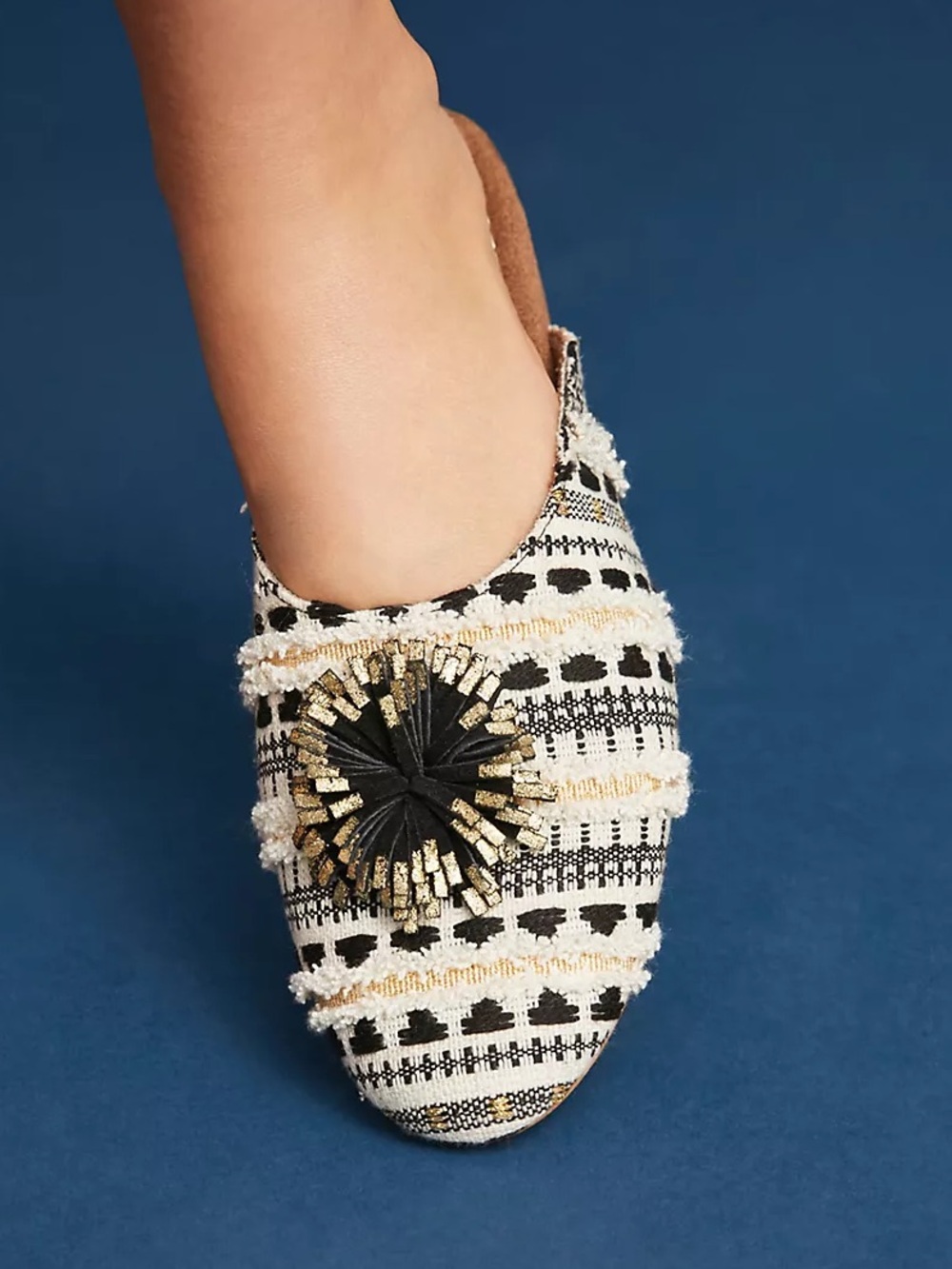 Anthropologie “Dreamy Tweed" Woven Pom Pom Black & Cream Slip on Mules Size 6